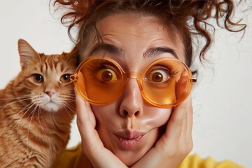 close up photo of a bewildered face in round opaque sunglasses with hands on cheeks and hair raised next to cat looking at that face, pure white background - obrazy, fototapety, plakaty