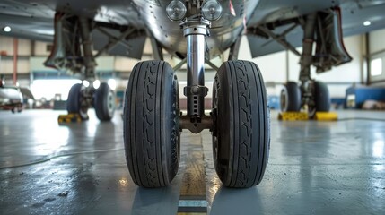 Detailed view of aircraft landing gear, showcasing the intricate rubber tires and sturdy chassis in a hangar - obrazy, fototapety, plakaty