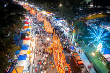 Songkhla, Thailand- 30 Oct 2023: Aerial view of the parade in traditional buddhist festival at...