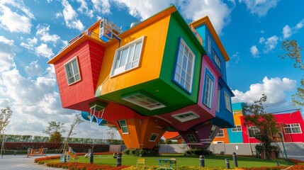 A vibrant upside-down building showcased at an achievements exhibition, colors splashing against the sky