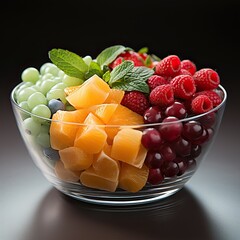 A bowl with a healthy fresh fruit salad. View from above. for the menu.