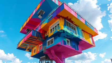 A vibrant upside-down building showcased at an achievements exhibition, colors splashing against the sky
