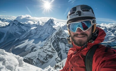 Self photograph of an explorer on the top mountain with Mount Everest in the background, wearing ski goggles and a red jacket