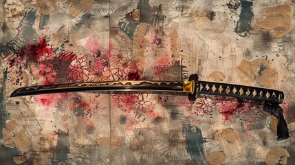 A samurai sword gleams against an abstract, ink-washed background, symbolizing strength and elegance