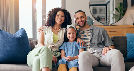 Portrait of mom, dad and child on couch with smile, love and bonding together in living room of...
