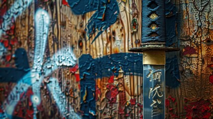 Artistic close-up of a samurai sword, juxtaposed with a modern, graffiti-style background