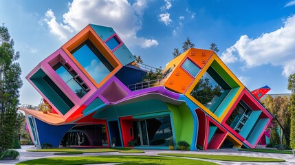 An exhibition of engineering marvels with a whimsically colorful building flipped on its roof
