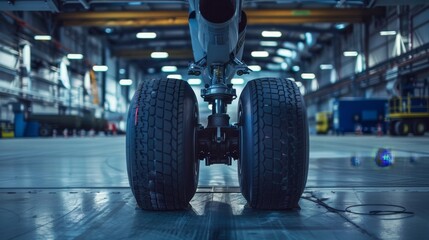 Airplane chassis in focus, with rubber tires ready for action, set against the backdrop of a hangar