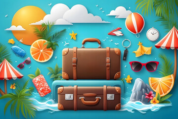Summer vector design. Summertime for adventure text in luggage element background design for an enjoyable holiday design. Vector illustration: Summer greeting