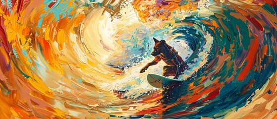 Oil painting, surfing dog in abstract, summer colors, palette knife technique, on a lively background with striking lighting and colorful highlights