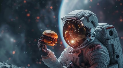 Gagarin eats a burger in a spacesuit, from behind space hyper realism
