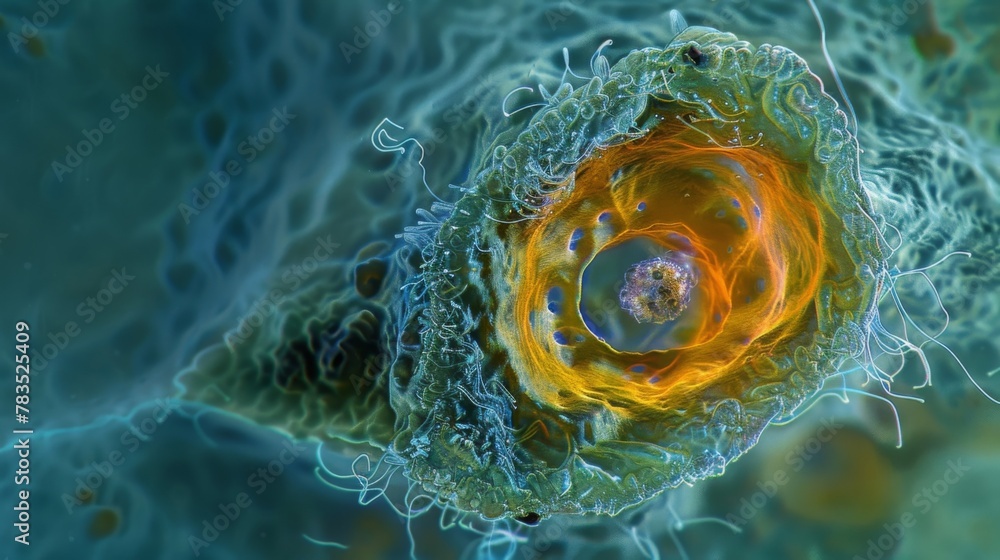Poster a microscopic image of a euglenoid cell engulfing a smaller microorganism as part of its feeding mec