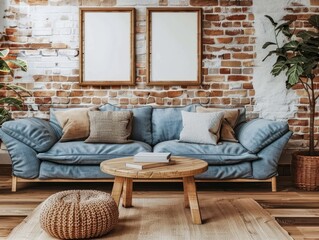 Farmhouse interior design of modern living room, home. Wooden round coffee table and knitted pouf near blue sofa against white and brick wall with poster frame. 