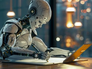 Futuristic ai robot writing essay, chat bot with pen assisting homework, replacing humans 