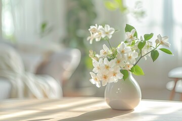 Minimalist Natural Style: Beautiful Jasmine Flowers in a Vase on a Table Against a Blurred Background of a Home Interior, Providing Space for Text, in White and Beige Colors. High Resolution.