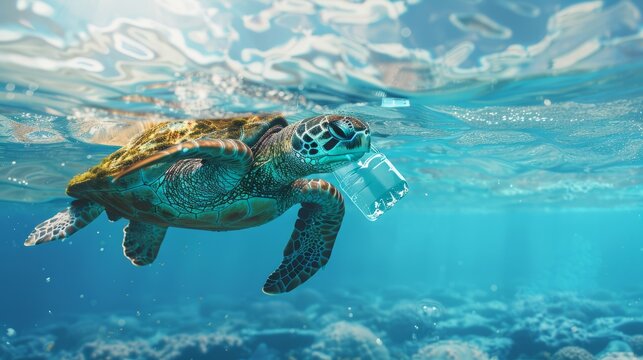 Generative AI illustration of sea turtle swimming near the surface with a visible piece of plastic in its mouth, against a clear blue ocean background hyper realistic 