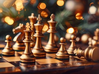 Golden chess pieces on board with festive bokeh lights, strategic gameplay concept 