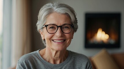 Fototapeta na wymiar Smiling middle aged mature gray haired woman looking at camera, happy old lady in glasses posing at home indoor, positive single senior retired female sitting on sofa in living room headshot portrait