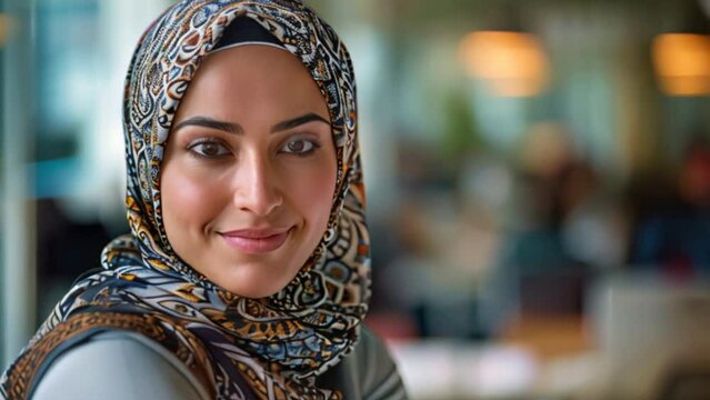 Happy Middle Eastern businesswoman at the office A female executive wearing a headscarf smiles at the camera.