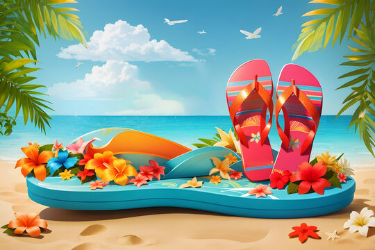 Summer vector concept design. It's summertime text in giant flip flops with beach background design tropical season objects for holiday decoration. Vector illustration design