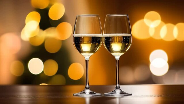 Two beautiful glasses of white wine on bokeh background