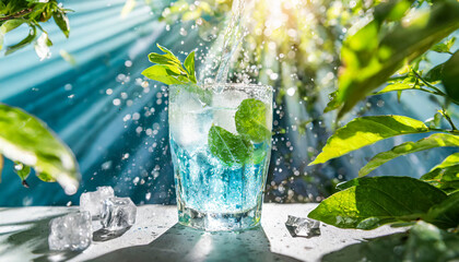 さわやかな太陽の日差しが差し込む透明な氷が入ったグラスの炭酸水からキラキラとはじけるしぶきと氷のかけら植物のハーブと清涼なイメージ　夏・水・飲料水・ソーダ　