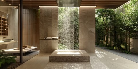 Waterfall Showers in Spa Bathrooms: Install waterfall showers in spa bathrooms, providing a luxurious and natural showering - Powered by Adobe
