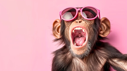 Joyful Chimpanzee Wearing Sunglasses Happiness in Nature - obrazy, fototapety, plakaty