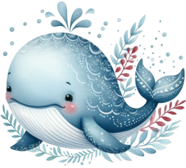 Adorable Baby Whale: Colorful Watercolor PNG Illustration of Ocean Innocence