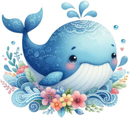 Adorable Baby Whale: Colorful Watercolor PNG Illustration of Ocean Innocence