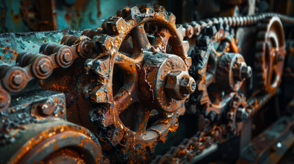 Rusted chain-drive mechanism close-up, highlighting the intricate detail and texture of corrosion