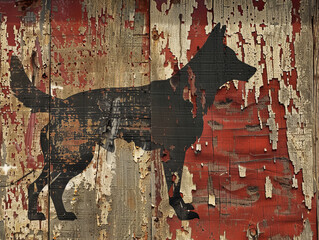 Silhouette of a dog in motion painted on peeling wooden surface showcasing urban art