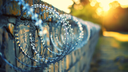 Razor wire on an old wall during sunset, creating a striking contrast with the evening glow - obrazy, fototapety, plakaty