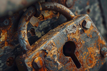 Old rusted padlock close-up, showcasing the effects of time and weather on metal security devices