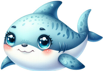 Adorable Baby Shark: Colorful Watercolor PNG Illustration of Playful Ocean Charm