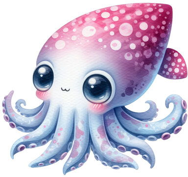 recommend clip art: Elegant Squid: Colorful Watercolor PNG Illustration of Underwater Grace