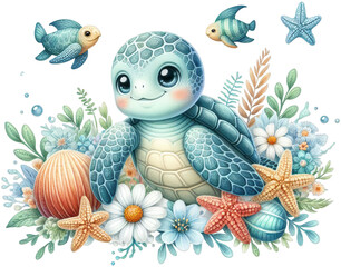 Tranquil Sea Turtle: Colorful Watercolor PNG Illustration of Coastal Serenity