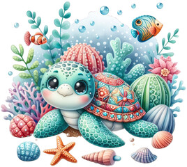 Tranquil Sea Turtle: Colorful Watercolor PNG Illustration of Coastal Serenity