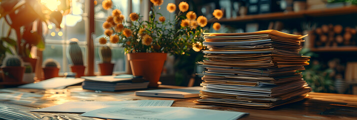 rusty metal pipes,
A stack of accounting documents on the desk in t