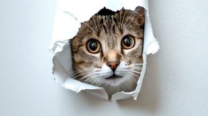 Curious Cat Peeking Through a Torn White Paper. A Close-up of a Feline Face with Wide Eyes. Perfect for Pet Themes. AI