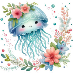 Mesmerizing Octopus: Colorful Floral Watercolor PNG Illustration of an Aquatic Mastermind