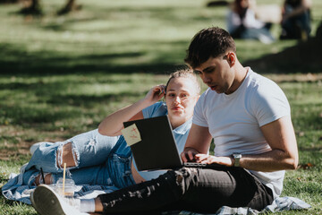 High school students collaborating on homework in an urban park, with laptops and notes, on a sunny...