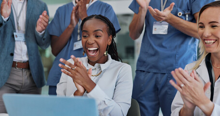 Doctor, people and clapping for celebration, success and excited news of clinical trial results in...