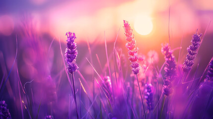 Enchanting vista of a sprawling field of purple wild grass amidst untouched nature, - obrazy, fototapety, plakaty