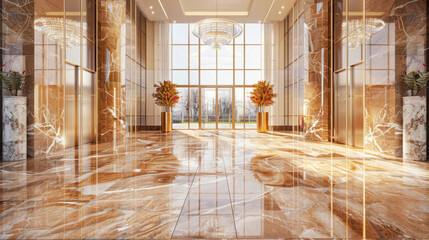 A beautiful modern spacious office hall with panoramic windows and a perspective in pleasant beige tones