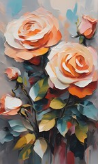 Bouquet of orange roses. Acrylic painting. Greeting card for Valentine's Day, birthday, wedding, anniversary or Mother's Day	