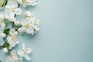 Spring Floral Border Frame with White Apple Blossom or Jasmine Flowers on Light Blue Table Top View, Flat Lay with Copy Space on Gray Background. Simple Minimalistic Design. 