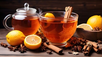 tea with honey. a wooden table with a cup of herbal tea, dried citrus, honey, cinnamon sticks, and anise stars. Hot tea for influenza and colds. - obrazy, fototapety, plakaty
