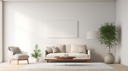 Living room with a white couch, a chair, a coffee table, and a potted plant