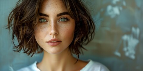 Beautiful smiling young dark-haired caucasian woman, isolated on neutral background. Close up portrait of face. Horizontal Web Banner Style. Generative AI.
 - obrazy, fototapety, plakaty